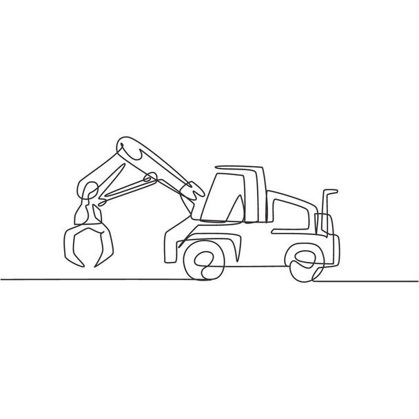Desenho de linha contínua única de escavadeira de metal para escavar terra, veículo comercial. Conceito de equipamento de máquinas de construção pesada. ilustração vetorial de desenho gráfico de uma linha na moda - Vetor, Imagem