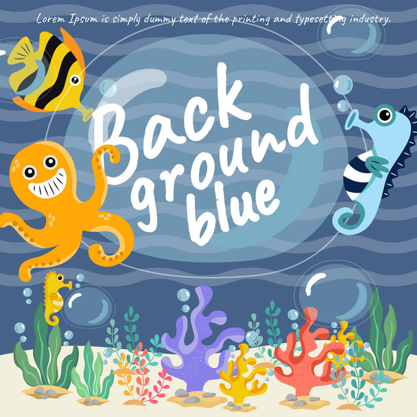 fondo mar azul pescado cangrejo burbuja calamar pulpo sepia estrella de mar coral mar horseconcept ilustración vector diseño - Vector, Imagen