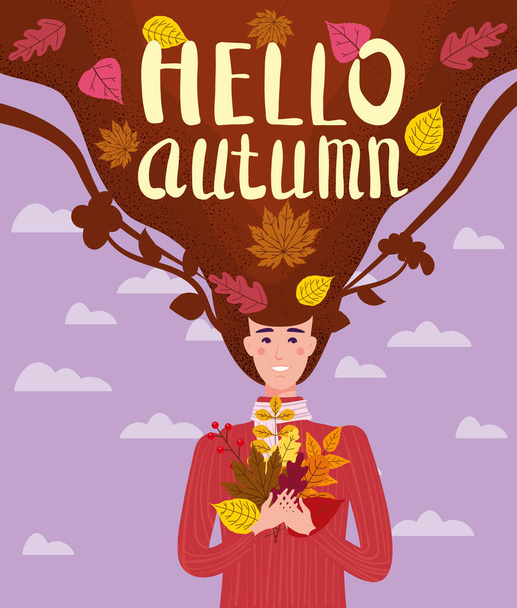 Chica cortada y alegre en un suéter rojo con hojas de otoño. Lettering Hola Otoño, hojas amarillas, naranjas. Plantilla de banner de tarjeta de ilustración vectorial - Vector, imagen