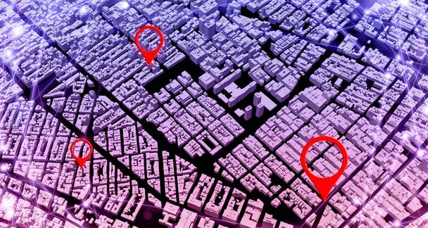 Illustration 3D GPS.navigator Simulé avec une carte en arrière-plan, des images de bâtiments et de bâtiments. - Photo, image