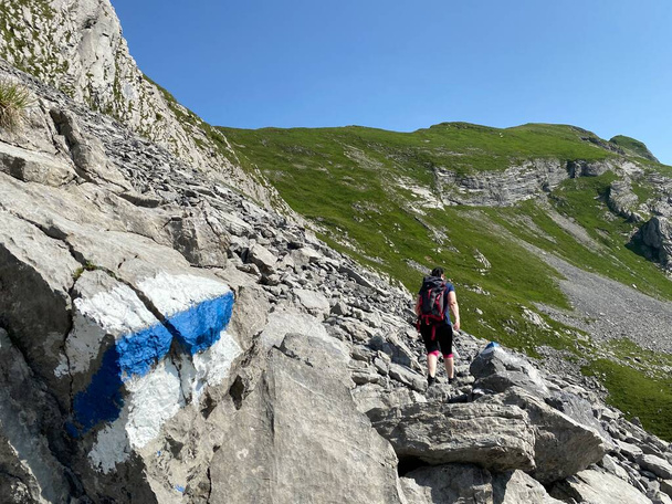 Ορειβατικές πινακίδες και σημάνσεις στις πλαγιές της κοιλάδας των Άλπεων Melchtal και στις ορεινές οροσειρές Uri Alps, Kerns - Καντόνιο Obwald, Ελβετία (Kanton Obwalden, Schweiz) - Φωτογραφία, εικόνα