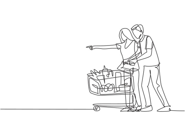 Одна сплошная сплошная линия, изображающая счастливую молодую пару, толкающую тележку при покупке товаров в супермаркете. Покупка ежемесячной концепции органической продукции. Иллюстрация векторного рисунка - Вектор,изображение