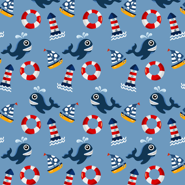 pattern sea under the sea concept whale lighthouse swim ring illustration vector design  - Vector, imagen