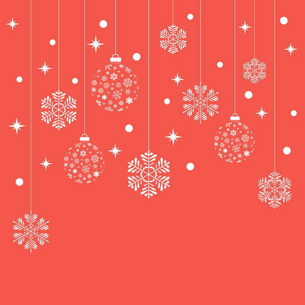 Kırmızı arka planda Noel ağacı topları. Vektör topları ve kar taneleri. - Vektör, Görsel