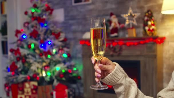 Mujer joven sosteniendo champán espumoso celebrando la Navidad - Imágenes, Vídeo