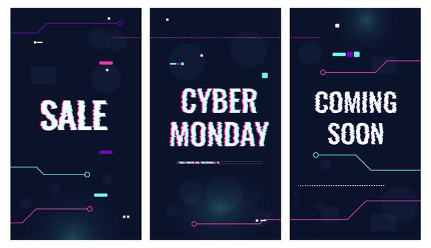 Concept for Cyber Monday, electronics sale. Vector set abstract vertical banner, in digital techno style. Dark blue background, with computer bright elements. Copyspace. - Vector, Image