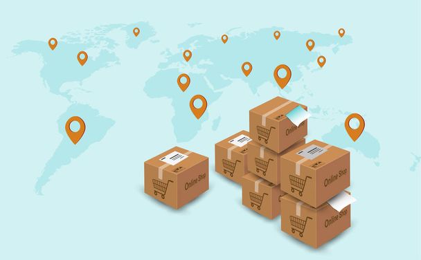 世界的な物流、配送、世界的な配送ビジネスの概念:世界地図上の小包商品と積層段ボール箱のヒープ。グラフィックデザインのベクトル図.  - ベクター画像