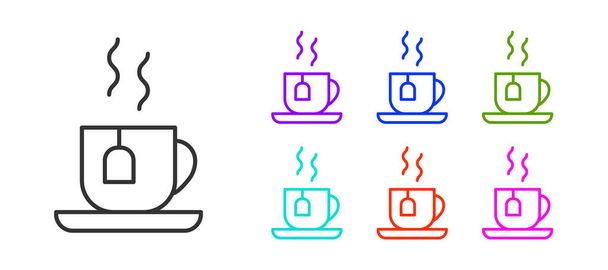 Linea nera tazza di tè con icona bustina di tè isolato su sfondo bianco. Set icone colorate. Vettore. - Vettoriali, immagini