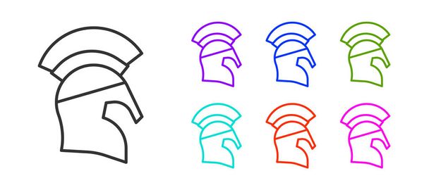 黒のラインギリシャのヘルメットアイコンは、白の背景に隔離された。羽や馬の毛の紋章を持つ頭の保護兵士のためのアンティークヘルメット。カラフルなアイコンを設定します。ベクトル. - ベクター画像