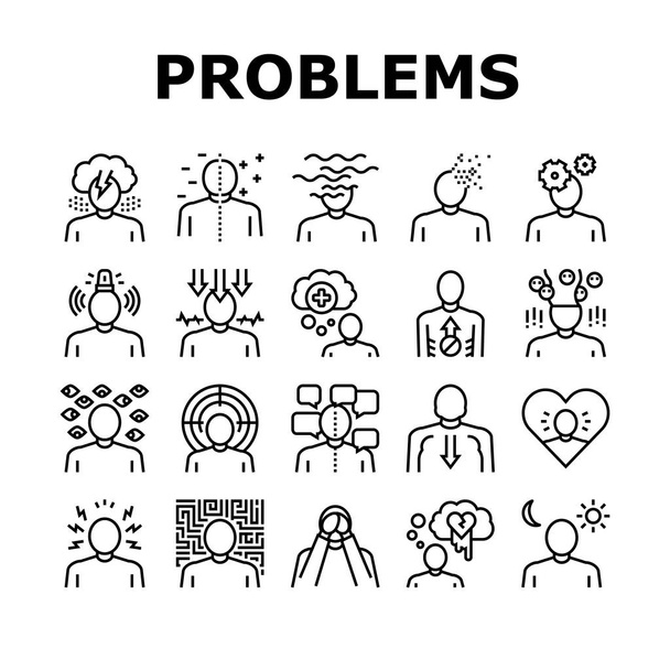 Problèmes psychologiques Collection Icônes Set vectoriel. Dépression et troubles bipolaires, schizophrénie et démence, autisme et stress Illustrations du contour noir - Vecteur, image