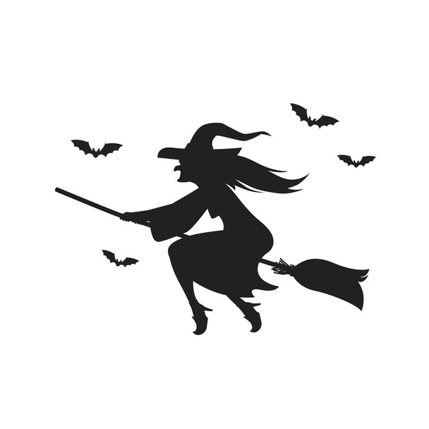 Witch flying on broomstick. Silhouette on white background . Vector illustration - Vector, Image