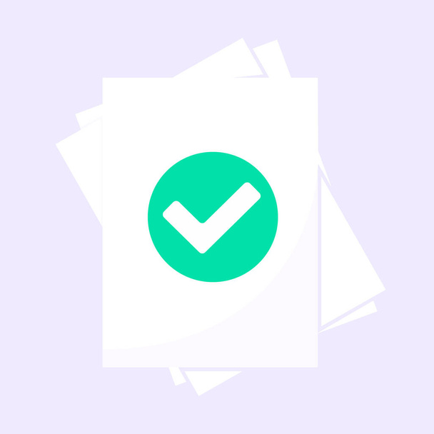 Conceito correto de verificação de documentos com folhas de papel e marca de verificação verde nele - Vetor, Imagem
