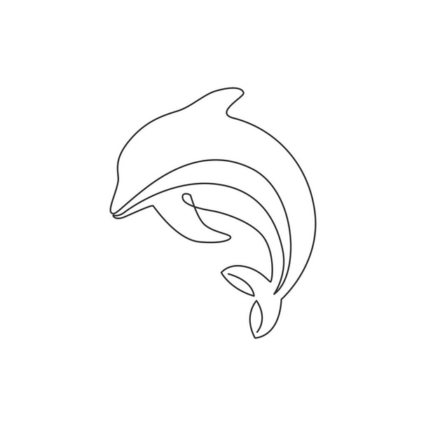 One continuous line drawing of friendly cute dolphin for fish tank aquarium logo identity. Happy mammal animal concept for company mascot. Modern single line draw vector graphic design illustration - Vector, Image