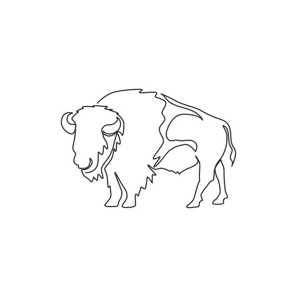 Uma linha contínua de desenho de bisão norte-americano forte para a identidade do logotipo da floresta de conservação. Conceito de mascote grande touro para o parque nacional. Desenho dinâmico de uma linha ilustração gráfico vetorial - Vetor, Imagem