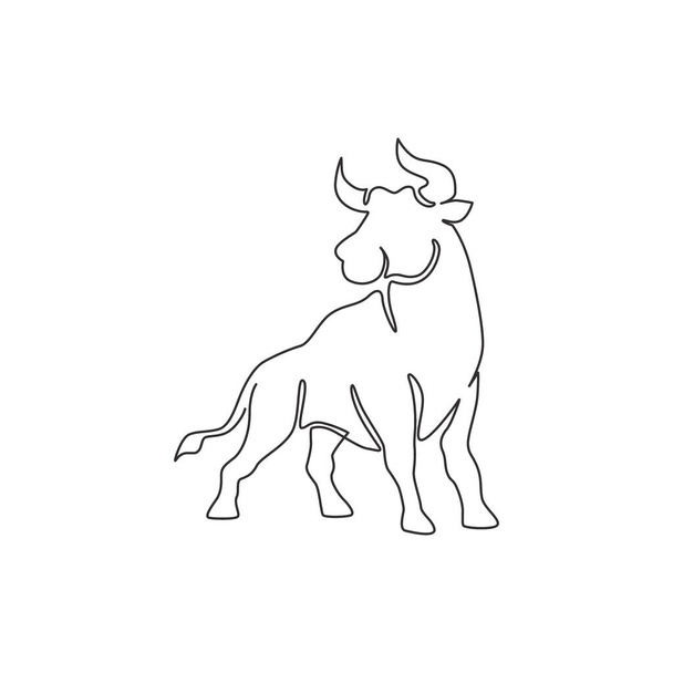 Single continue lijn tekening van elegantie buffel voor multinationale bedrijf logo identiteit. Luxe bull mascotte concept voor matador show. Trendy one line draw vector grafisch ontwerp illustratie - Vector, afbeelding