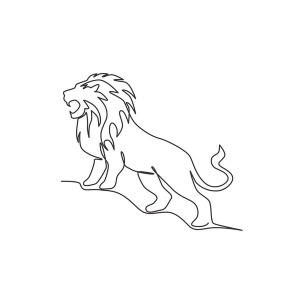 Eine einzige Zeilenzeichnung des wilden Löwen für die Identität des Firmenlogos. Starkes Wildkatzen-Maskottchen-Konzept für Nationalpark Durchgehende Linienzeichnung Design Vektor Illustration - Vektor, Bild
