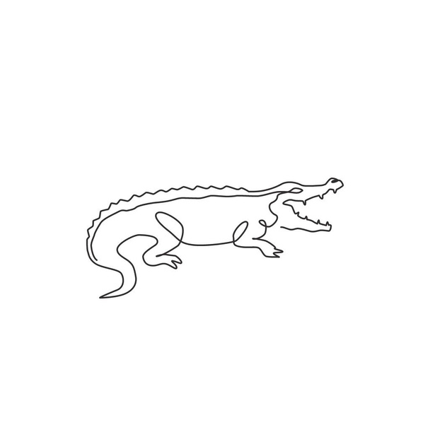 Jeden ciągły rysunek dzikiego krokodyla z otwartymi ustami dla identyfikacji logo. Przerażająca koncepcja aligatora dla ikony parku narodowego. Modny jednoliniowy rysunek projekt graficzny wektor ilustracja - Wektor, obraz