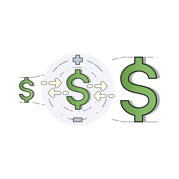 Dollar signs arrange in order of size from smallest to largest representing the value of money. Currency rate, exchange rate. Vector illustration outline flat design style. - Vector, Image