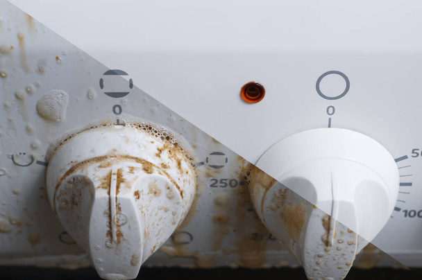 Електрична ручка вимикача печі перед і після детального очищення від крихкого бруду за допомогою спеціальних миючих засобів
 - Фото, зображення