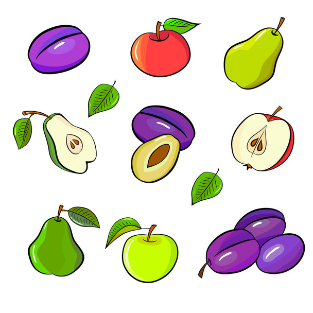 Fruits avec pommes, prunes et feuilles. Croquis coloré dessiné à la main. Illustration vectorielle sur blanc. Contexte alimentaire. - Vecteur, image