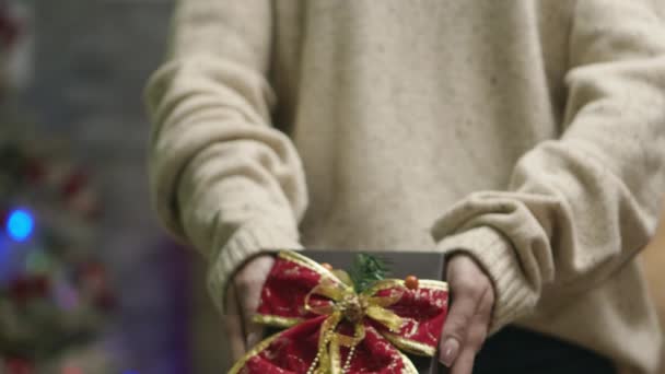 Közelkép fiatal nő kezében egy karácsonyi ajándék - Felvétel, videó