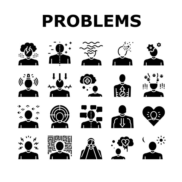 Psykologiset ongelmat kokoelma kuvakkeet asettaa vektori. Masennus ja kaksisuuntainen mielialahäiriö, skitsofrenia ja dementia, autismi ja stressi ongelmat Glyfi Pictograms Musta kuvat - Vektori, kuva