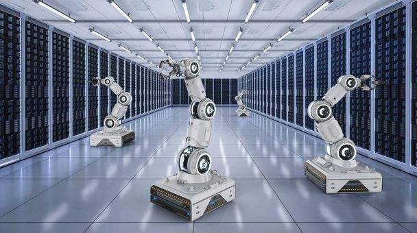 サーバールームでのロボットアーム作業の3Dレンダリンググループとオートメーションサーバールーム - 写真・画像