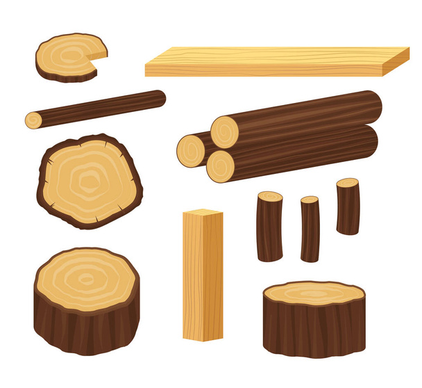 Fából készült deszkák és különböző faipari elemek. Fa deszka anyag, rönk és törzs illusztráció. Csipesz - Vektor, kép