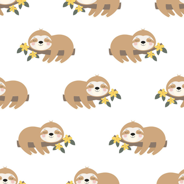 безшовний візерунок милого лінивця, розслабленого на гілці, Векторні ілюстрації
 - Вектор, зображення