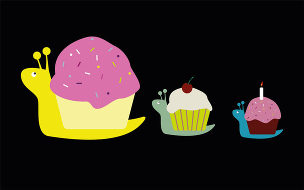 drie slakken van verschillende kleuren kruipen met muffins in plaats van huizen op een zwarte achtergrond - Vector, afbeelding