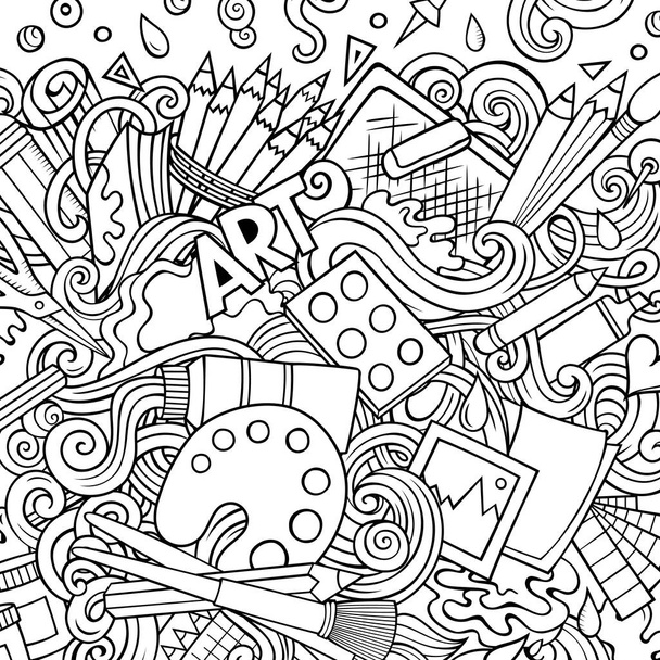 Sarjakuva rasteri doodles Art Card. Line taidetta yksityiskohtaisesti, jossa on paljon esineitä kuva. Kaikki esineet ovat erillisiä. Taiteellinen hauska raja - Valokuva, kuva
