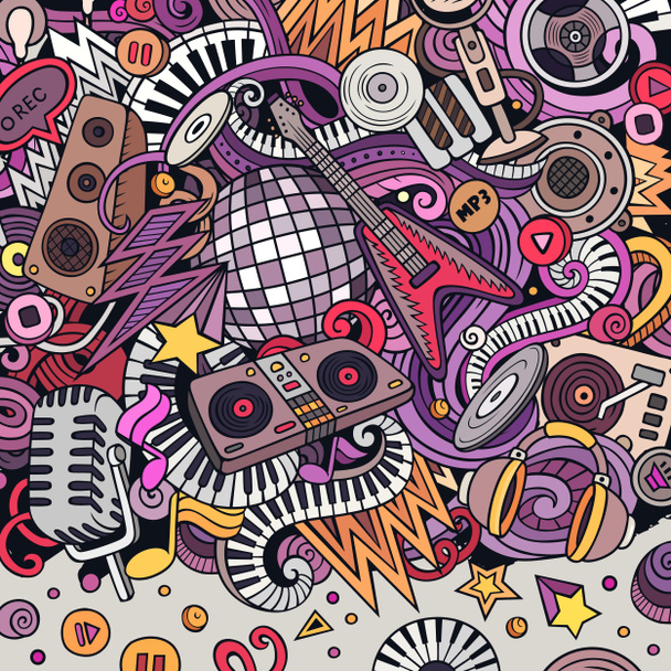 Cartoon raster doodles Disco music frame. Colorido, detalhado, com muitos objetos de fundo. Todos os objectos separados. Cor musical engraçado fronteira - Foto, Imagem