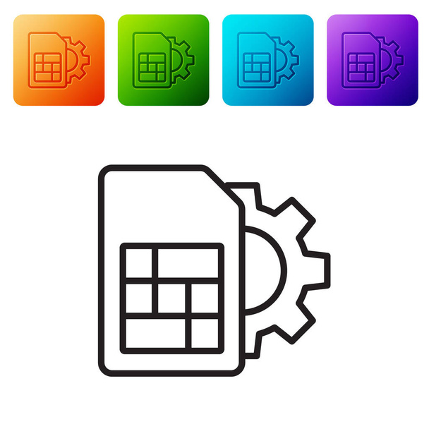 Black line Sim card setting icon isolated on white background. Mobile cellular phone sim card chip. Mobile telecommunications technology symbol. Set icons in color square buttons. Vector. - Vector, Image