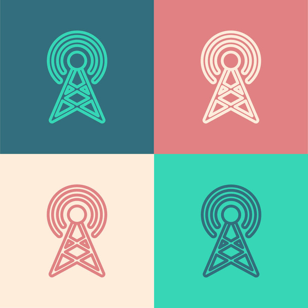 Pop art line Antenna icon isolated on color background. Radio antenna wireless. Technology and network signal radio antenna.  Vector. - Vector, Image
