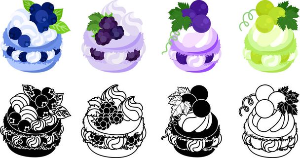 Los iconos de macaron decorados con arándanos y moras y uvas y moscatel y etc.. - Vector, imagen