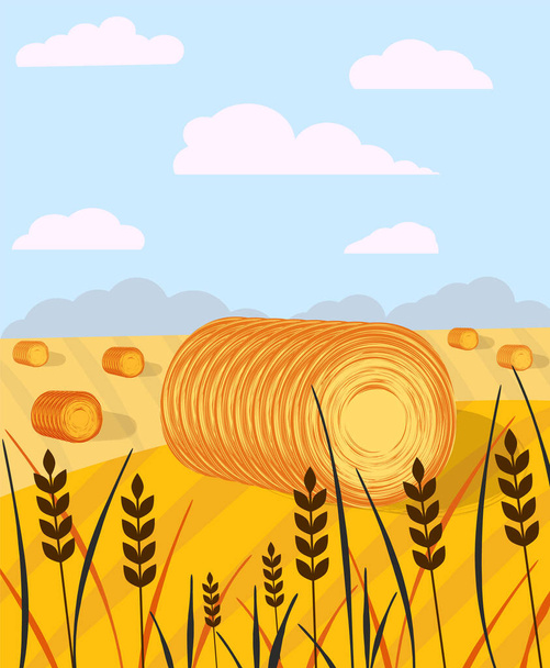 Countryside landscape with haystacks on fields. Rural area landscape. Hay bales. eps - Vector, Image