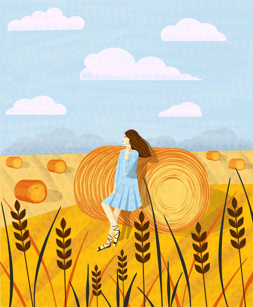 Девушка на заднем плане с стогами сена на полях. Сельский пейзаж. Седые тюки. Иллюстрация с шумом. eps - Вектор,изображение