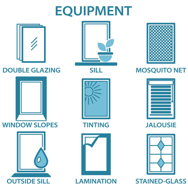 Metal and plastic windows equipment line icon set - Vector, Image
