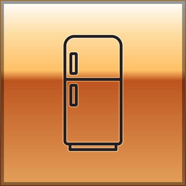 Línea negra Icono del refrigerador aislado sobre fondo dorado. Refrigerador congelador refrigerador. Tecnología y electrodomésticos. Vector. - Vector, imagen