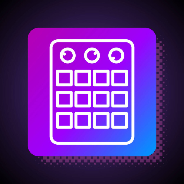 White line Drum machine icon isolated on black background. Musical equipment. Square color button. Vector. - Vektori, kuva