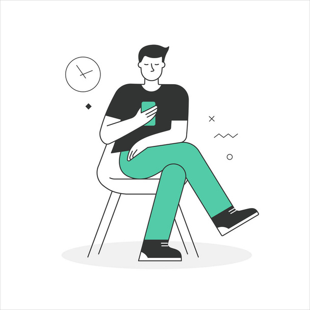 待ち時間と忍耐の概念。男は携帯電話を手に何かを待っている椅子に座っている。ビジネスと技術の世界のシーン - ベクター画像
