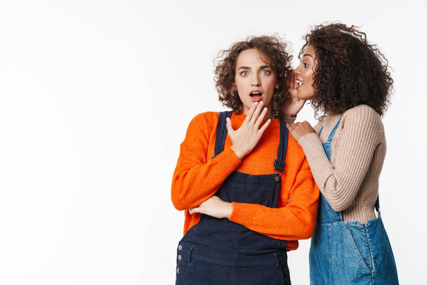 Portrait of african american woman in overall whispering to surprised girl isolated over white background - Valokuva, kuva