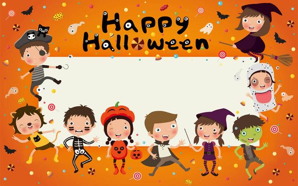 Festa di Halloween, Gruppo di bambini in costume di Halloween, Modelli di invito per feste di Halloween, Stile piatto vettoriale, illustrazione - Vettoriali, immagini