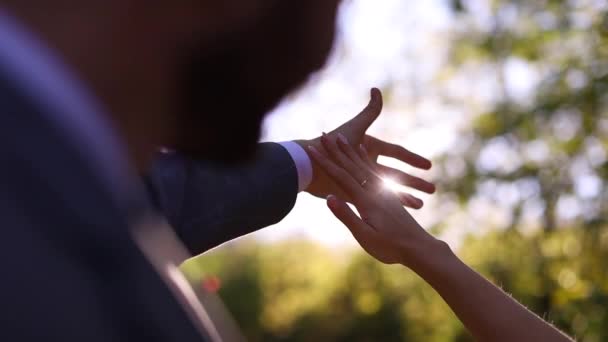Close view of male hand catch female hand and caresses it at camera on sun dazzling background in autumn - Footage, Video