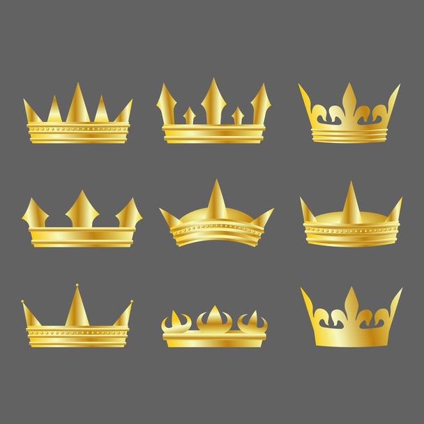 Vector illustration set of variety gold crowns on dark grey background - Vector, Image