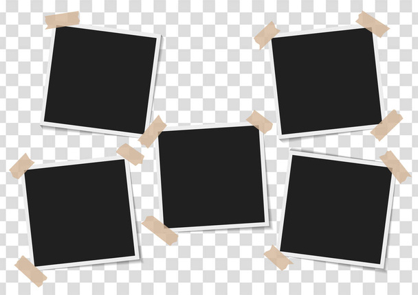 Set of empty photo frames with adhesive tape on transparent background - Vector, Image