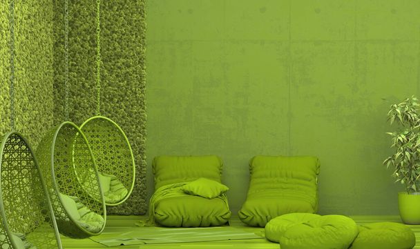 Интерьер зоны отдыха общественного здания в монохромно-зеленом цвете. Дизайн номеров в стиле лофт с качелями, затяжками, подушками и мягкой мебелью. 3D рендеринг. - Фото, изображение