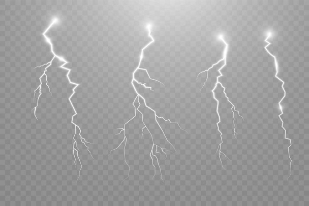 Yıldırım seti. Fırtına ve şimşek. Sihirli ve canlı ışıklandırma efektleri. Vektör illüstrasyonu - Vektör, Görsel