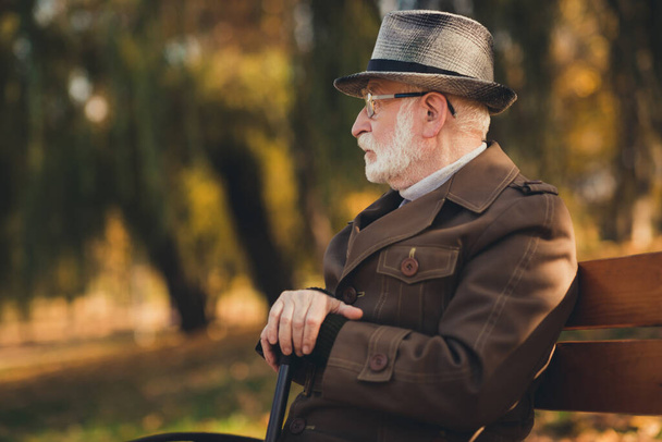 Profile photo of retired old white hair gloomy grandpa street central park sit bench hold walk cane stick look frustrated contemplating think life past wear autumn glasses jacket hat outside - Фото, изображение