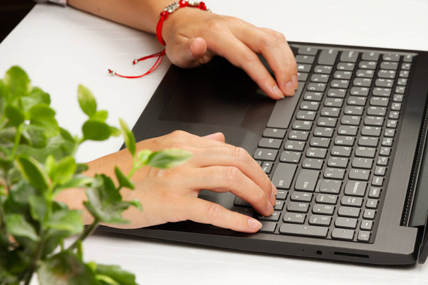 γυναικεία χέρια πληκτρολογούν κείμενο στο πληκτρολόγιο του φορητού υπολογιστή σε λευκό ξύλινο τραπέζι φόντο - Φωτογραφία, εικόνα